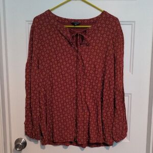 Lucky Brand Red/Rust Diamond Print Long Sleeve Tie-Neck Peasant Blouse - Size 2X